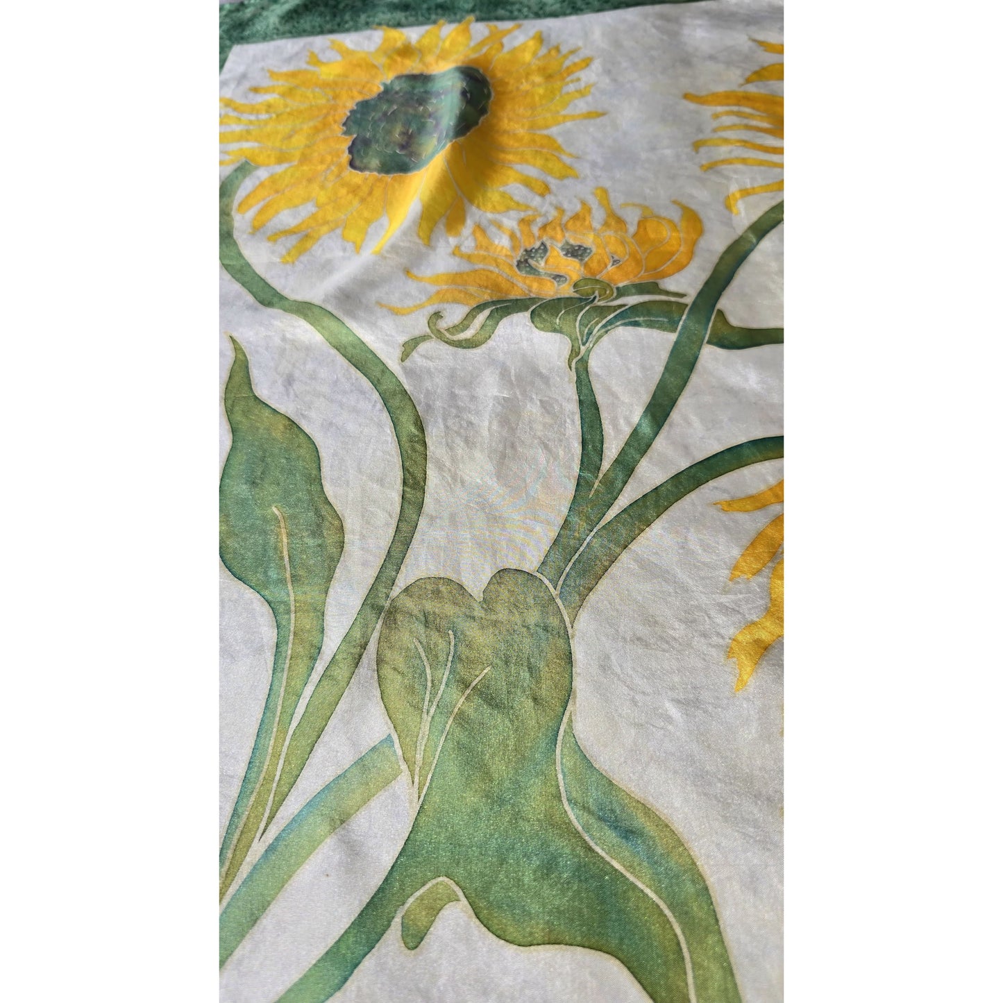 Vintage Hand-Painted Silk Scarf Sunflower Floral Art ,Signed, French Provenance