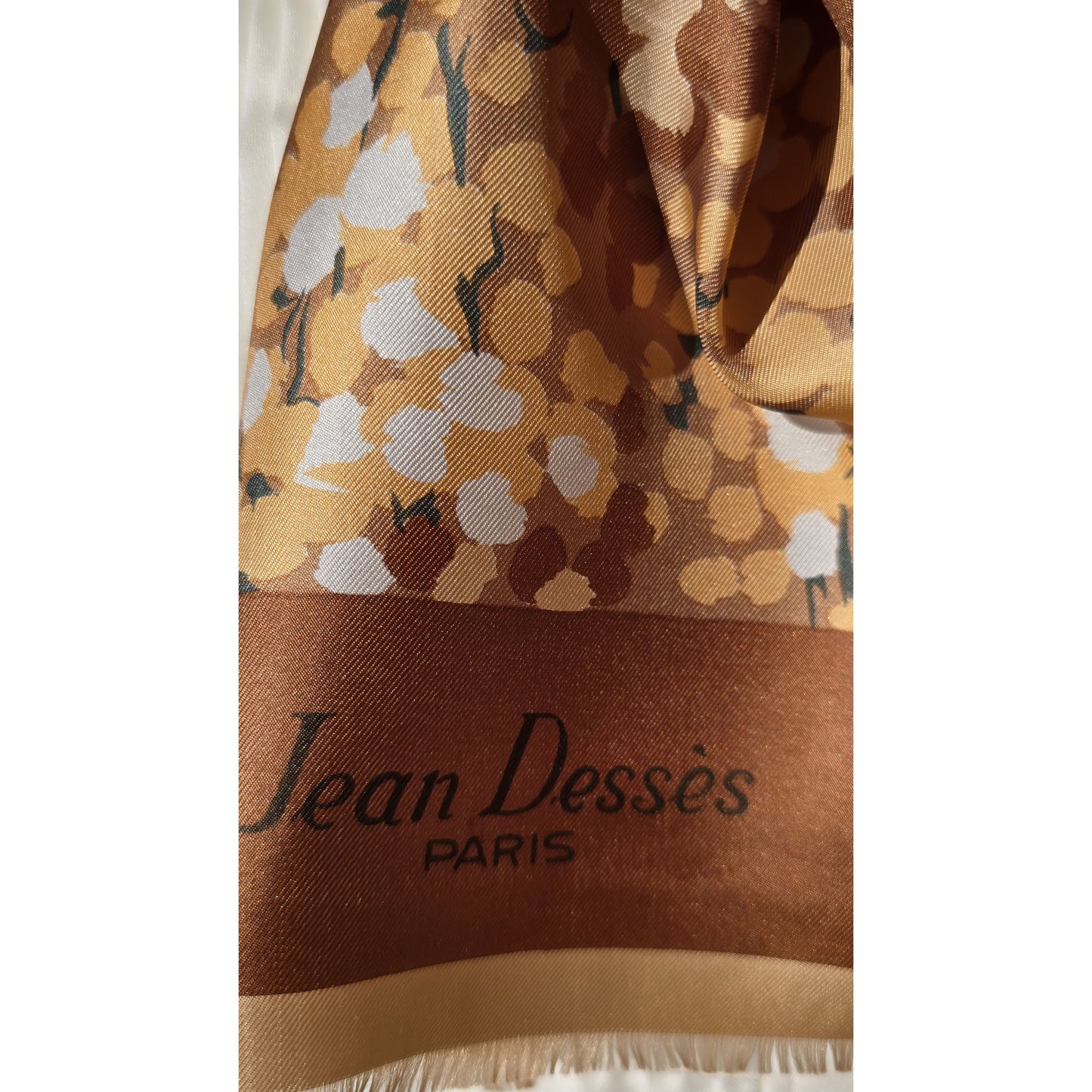 Vintage Jean Dessès Paris Pure Long Brown Beige Twill Silk Scarf , Floral Design