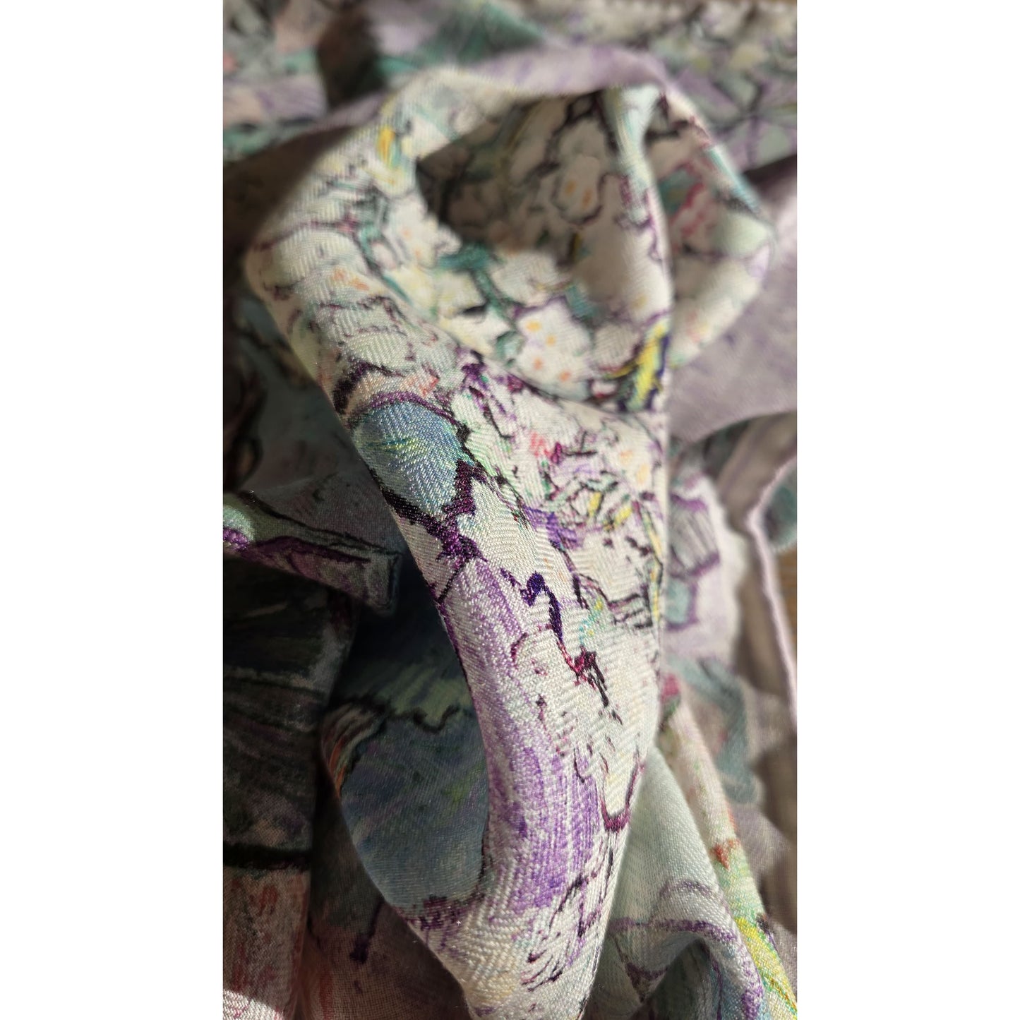 Silk Wool Floral Square Scarf 65 x 65 cm – Pastel Lilac & Green Herringbone Weave