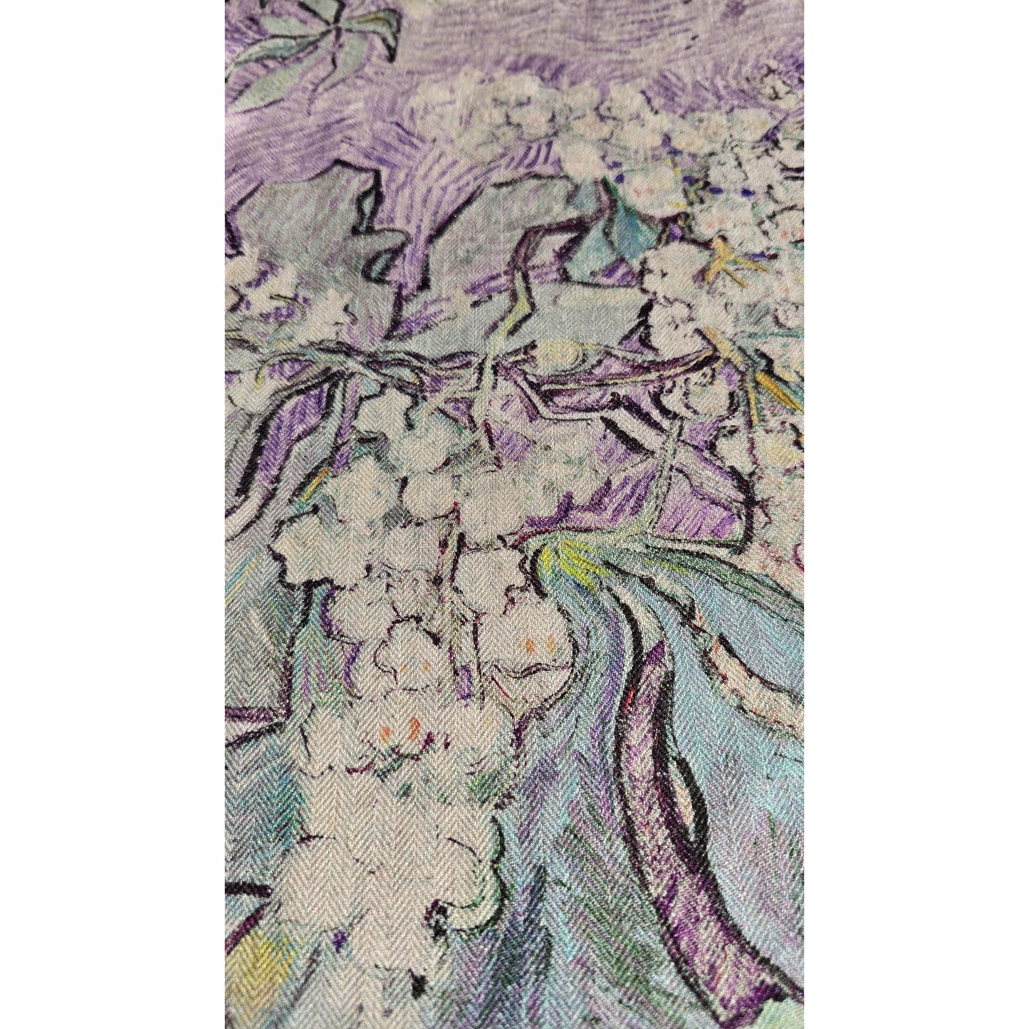 Silk Wool Floral Square Scarf 65 x 65 cm – Pastel Lilac & Green Herringbone Weave