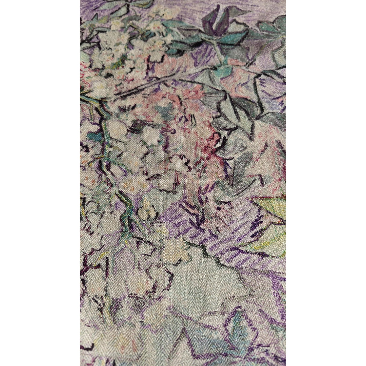 Silk Wool Floral Square Scarf 65 x 65 cm – Pastel Lilac & Green Herringbone Weave