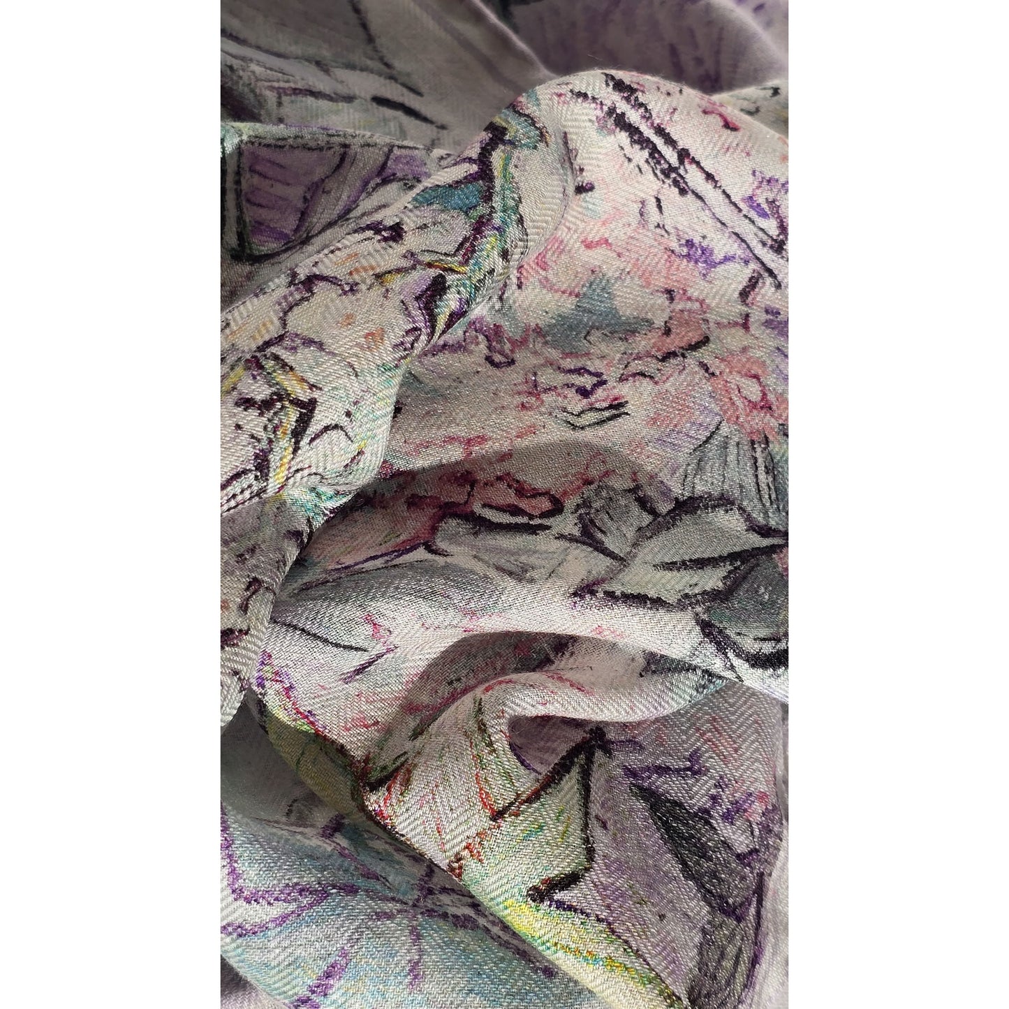 Silk Wool Floral Square Scarf 65 x 65 cm – Pastel Lilac & Green Herringbone Weave