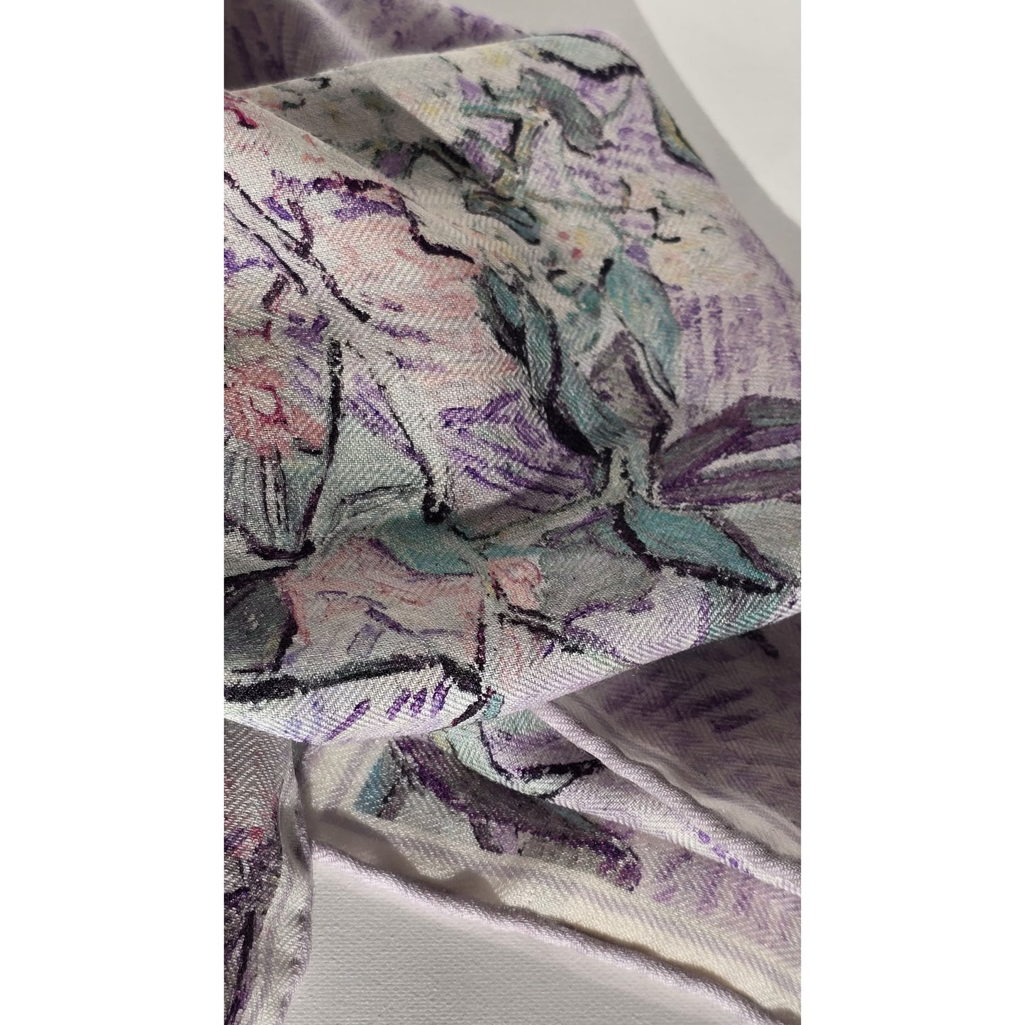 Silk Wool Floral Square Scarf 65 x 65 cm – Pastel Lilac & Green Herringbone Weave