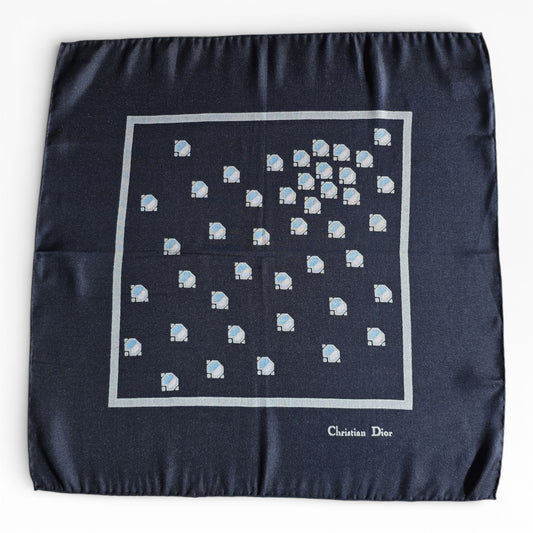 Christian Dior Vintage Silk Pocket Square – Navy Geometric, Made in France