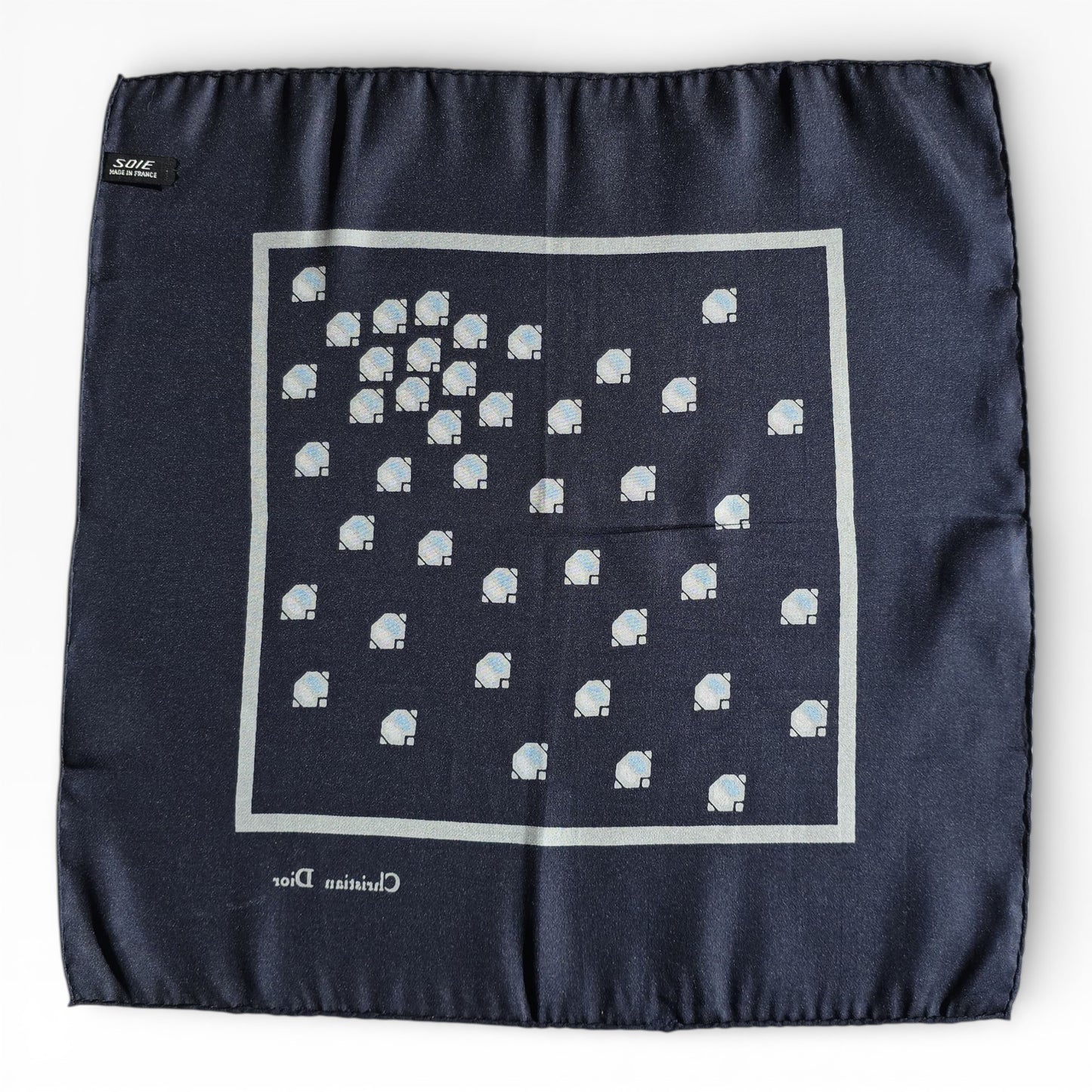 Christian Dior Vintage Silk Pocket Square – Navy Geometric, Made in France