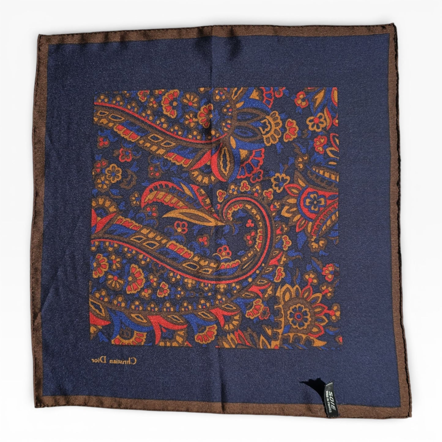 Christian Dior Vintage Silk Pocket Square – Navy Paisley, Made in France