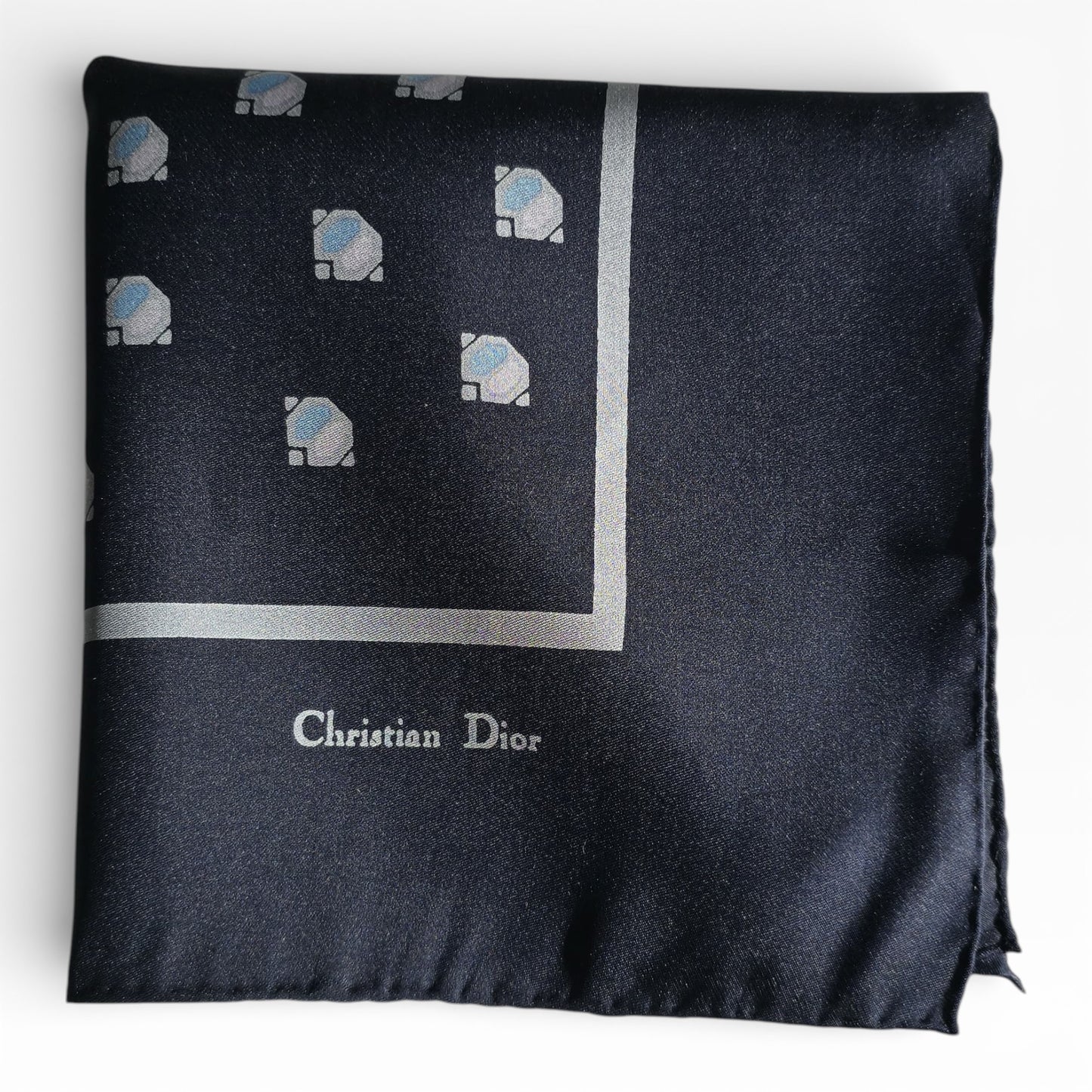 Christian Dior Vintage Silk Pocket Square – Navy Geometric, Made in France