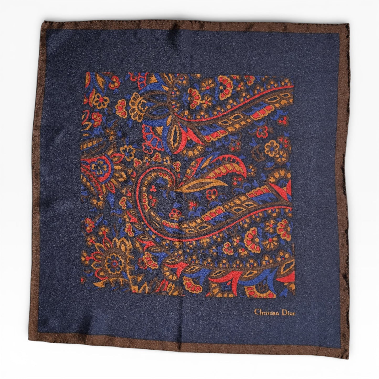 Christian Dior Vintage Silk Pocket Square – Navy Paisley, Made in France