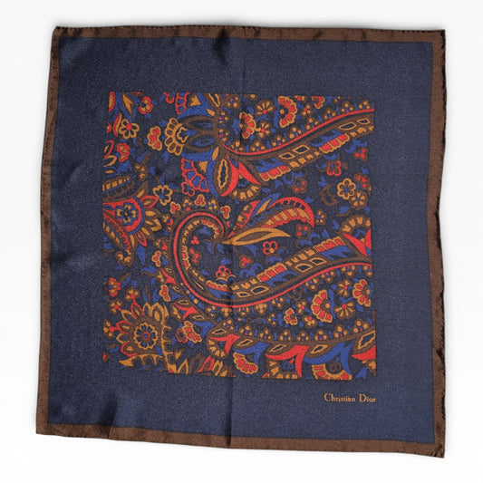 Christian Dior Vintage Silk Pocket Square – Navy Paisley, Made in France