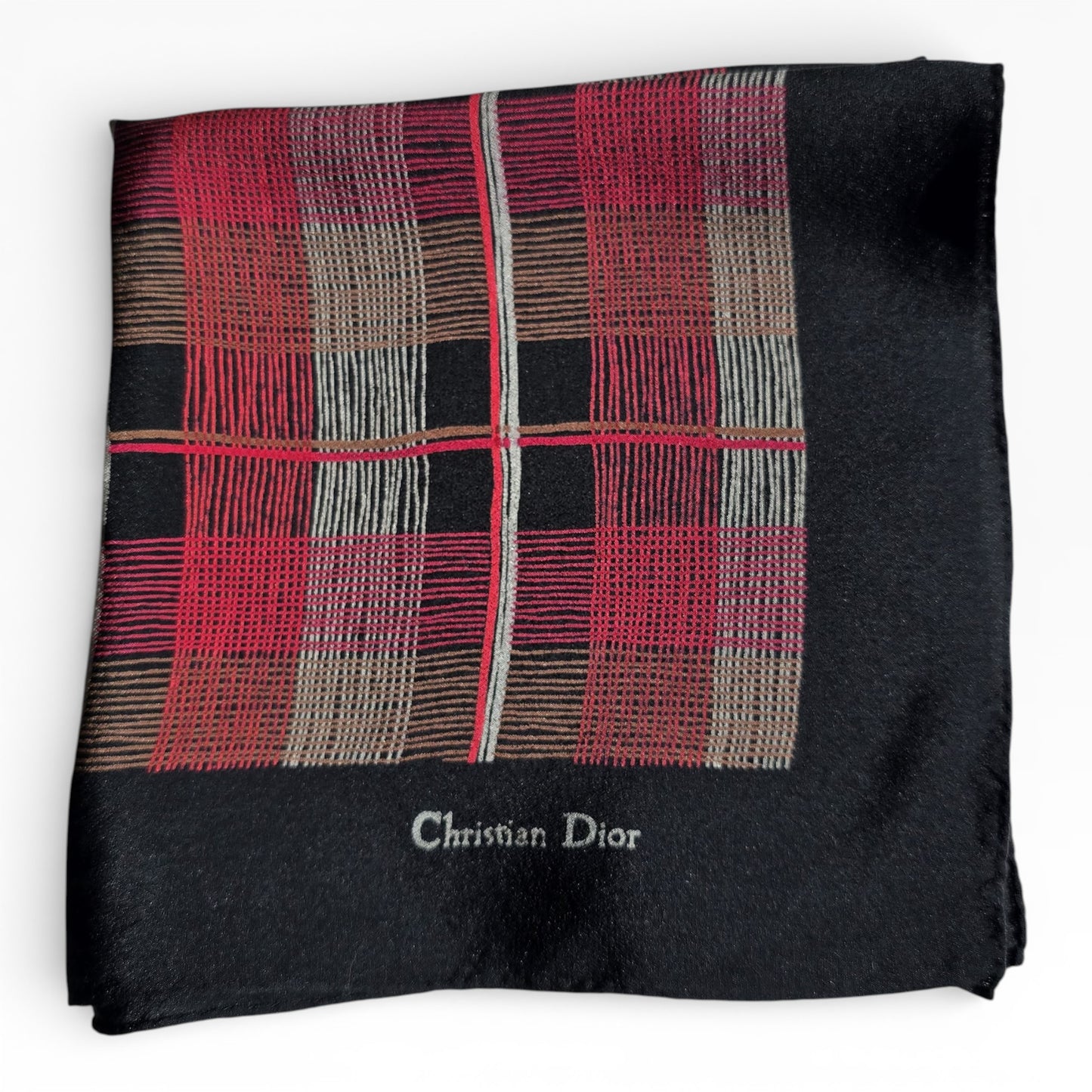 Christian Dior Vintage Black Silk Tartan Pocket Square
