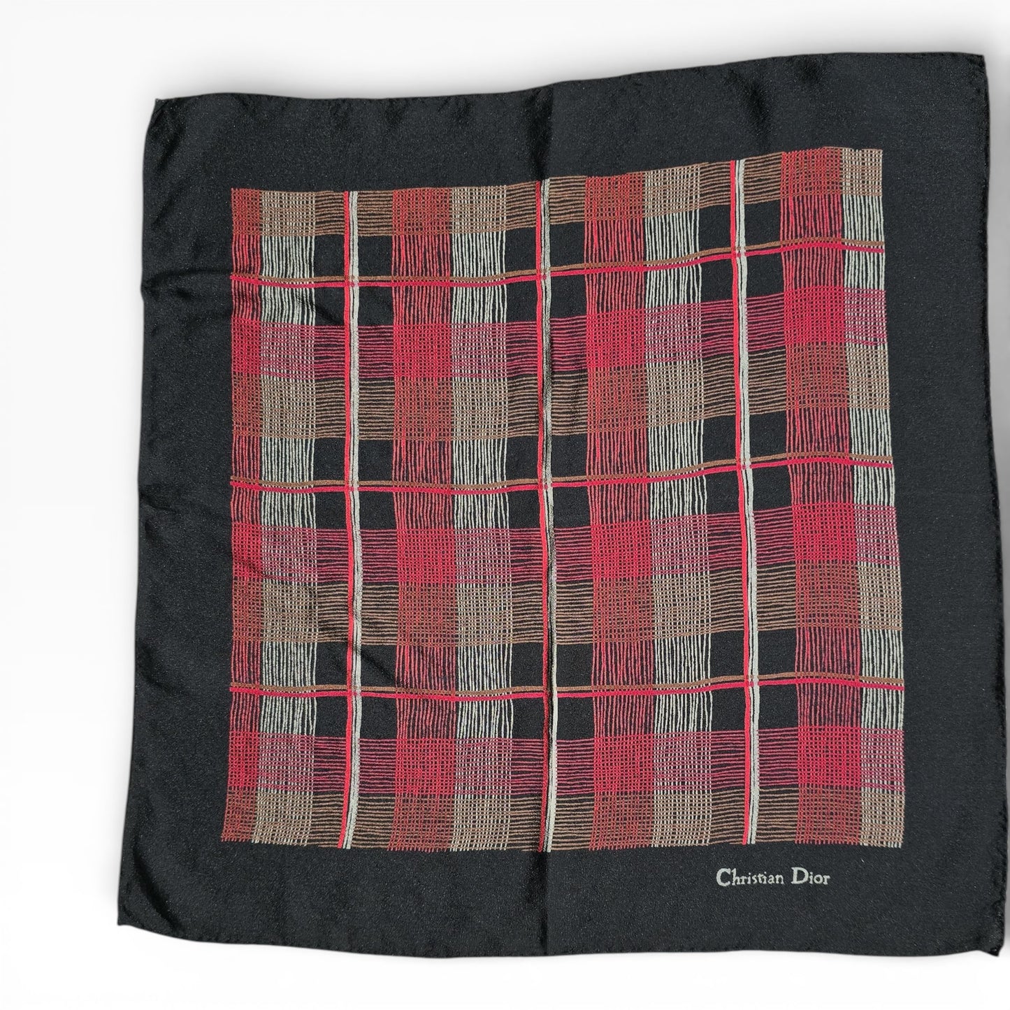 Christian Dior Vintage Black Silk Tartan Pocket Square