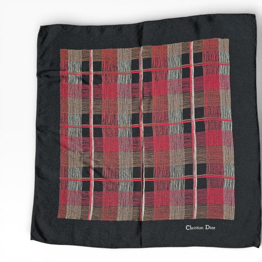Christian Dior Vintage Black Silk Tartan Pocket Square