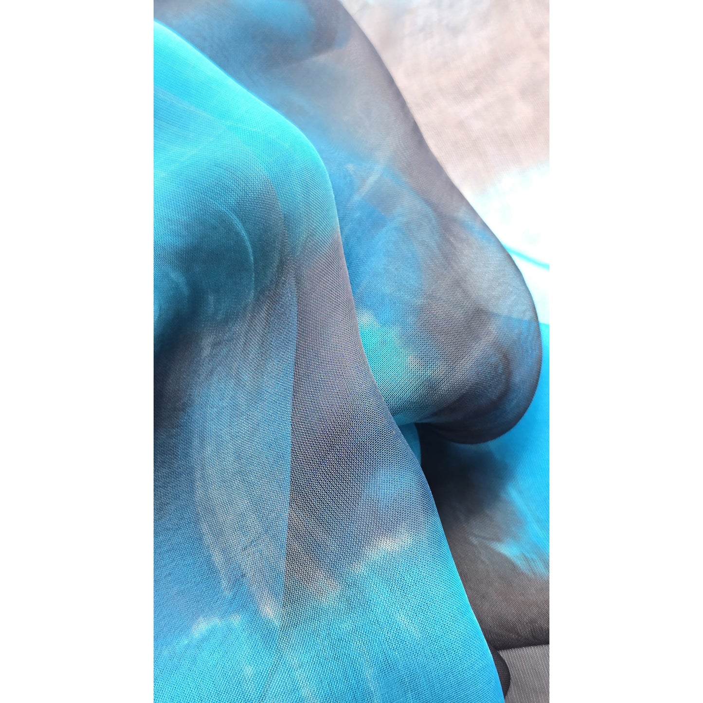 Hand-Dyed Silk Chiffon Square Scarf — Turquoise & Grey, Made in India, 102x102cm