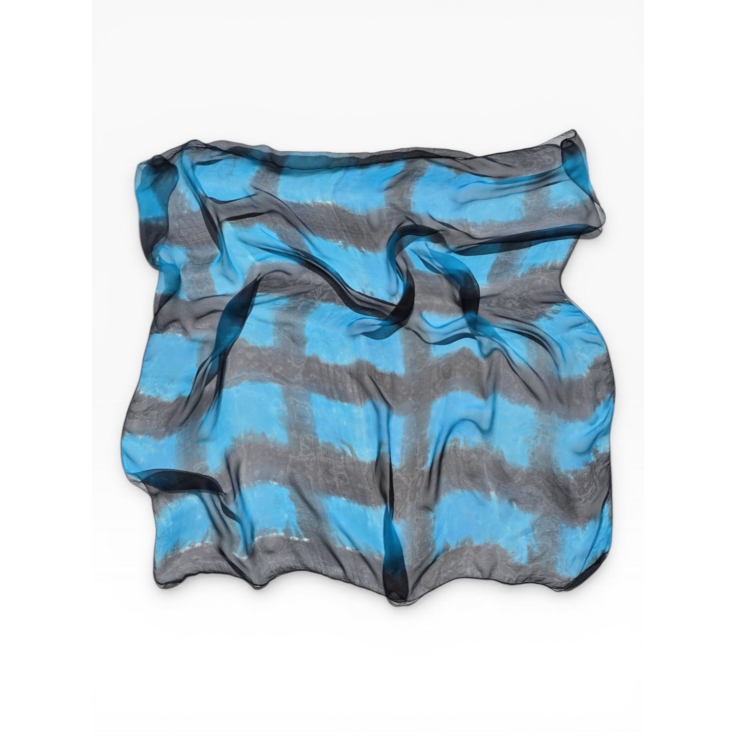 Hand-Dyed Silk Chiffon Square Scarf — Turquoise & Grey, Made in India, 102x102cm
