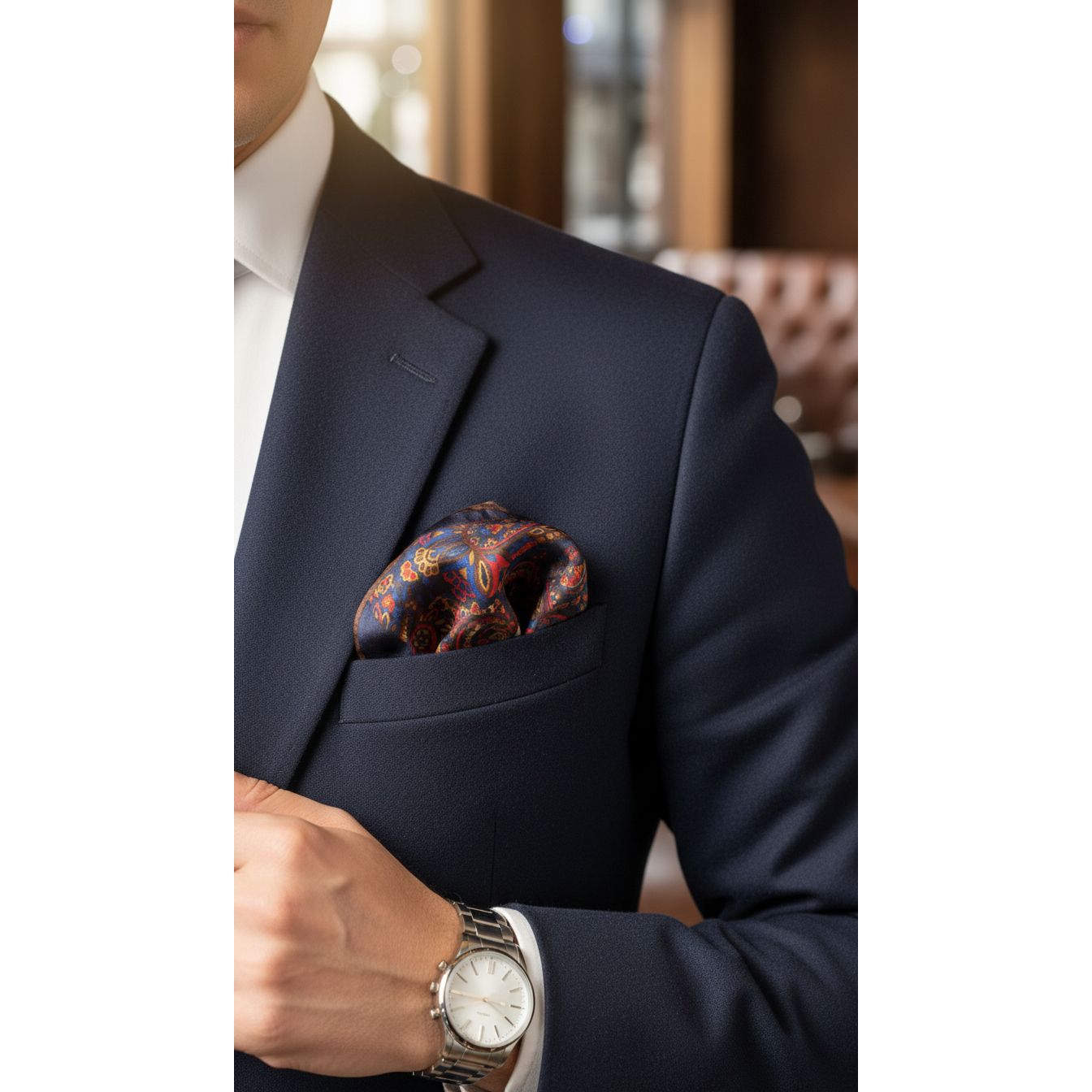 Christian Dior Vintage Silk Pocket Square – Navy Paisley, Made in France