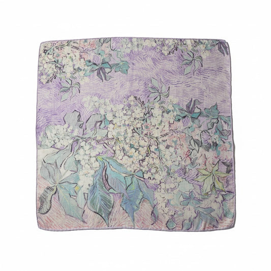 Silk Wool Floral Square Scarf 65 x 65 cm – Pastel Lilac & Green Herringbone Weave