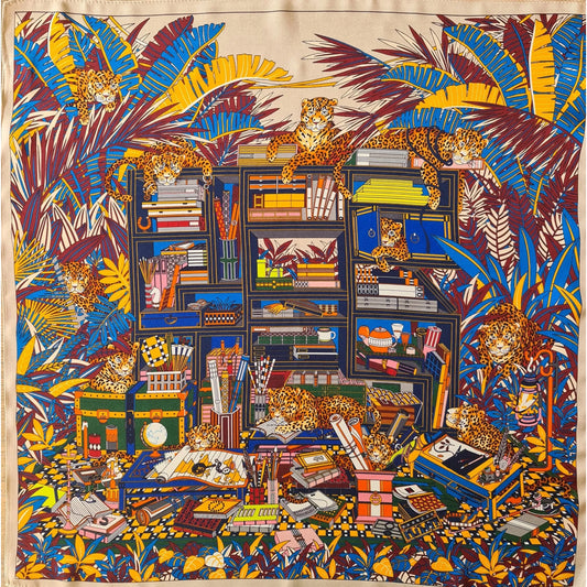 Luxury Pure Mulberry Silk Scarf "La Bibliothèque Imaginaire"