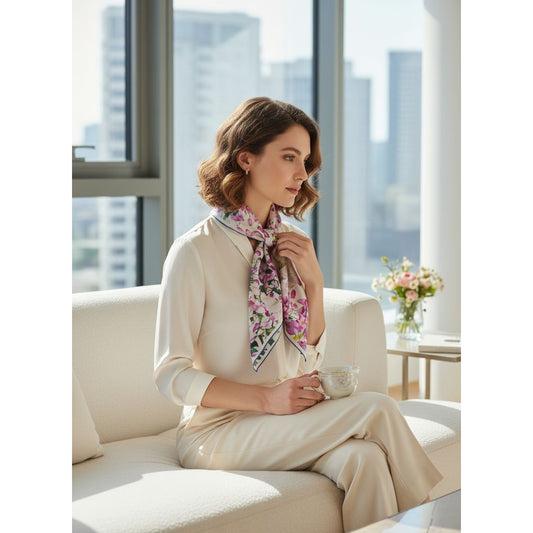 Pure Square Silk Twill Scarf "L'Amour Printanier"