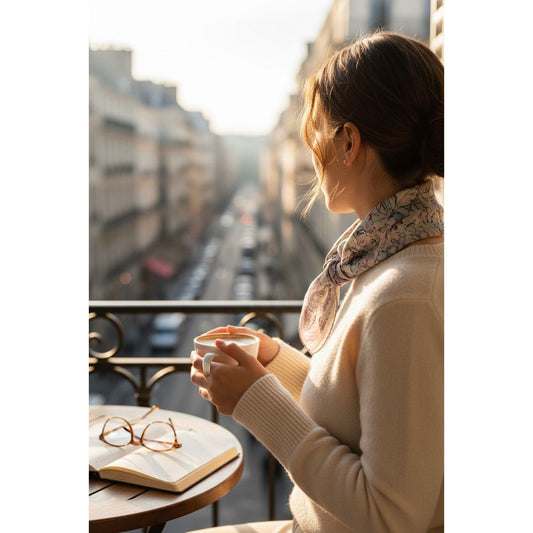 Silk Wool Floral Square Scarf 65 x 65 cm – Pastel Lilac & Green Herringbone Weave
