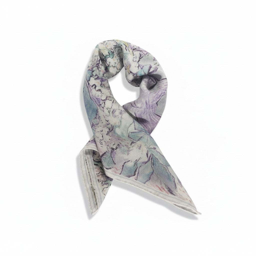 Silk Wool Floral Square Scarf 65 x 65 cm – Pastel Lilac & Green Herringbone Weave