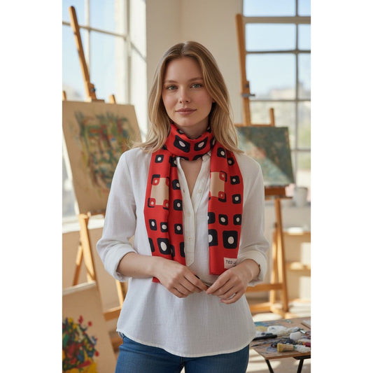 Vintage Ted Lapidus Paris Geometric Silk Scarf - Red & Black Mod Stole (1970s)