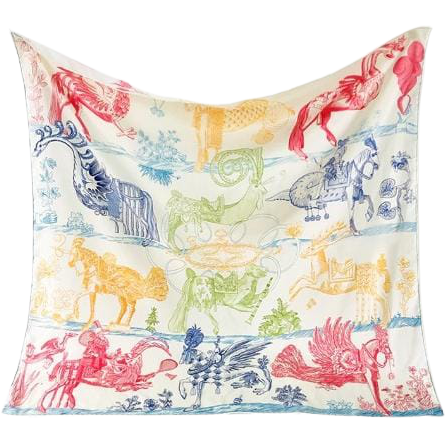 100% Twill Silk  Scarf "Medieval Animals"