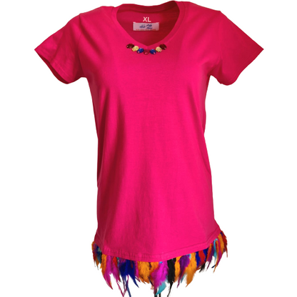 Cotton T-Shirt With Real Feathers