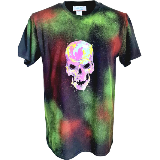 Multicolored psychedelic t-shirt featuring a neon skull graphic on a black background with green, red, and orange hues