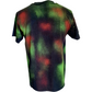 Multicolored psychedelic t-shirt featuring a neon skull graphic on a black background with green, red, and orange hues
