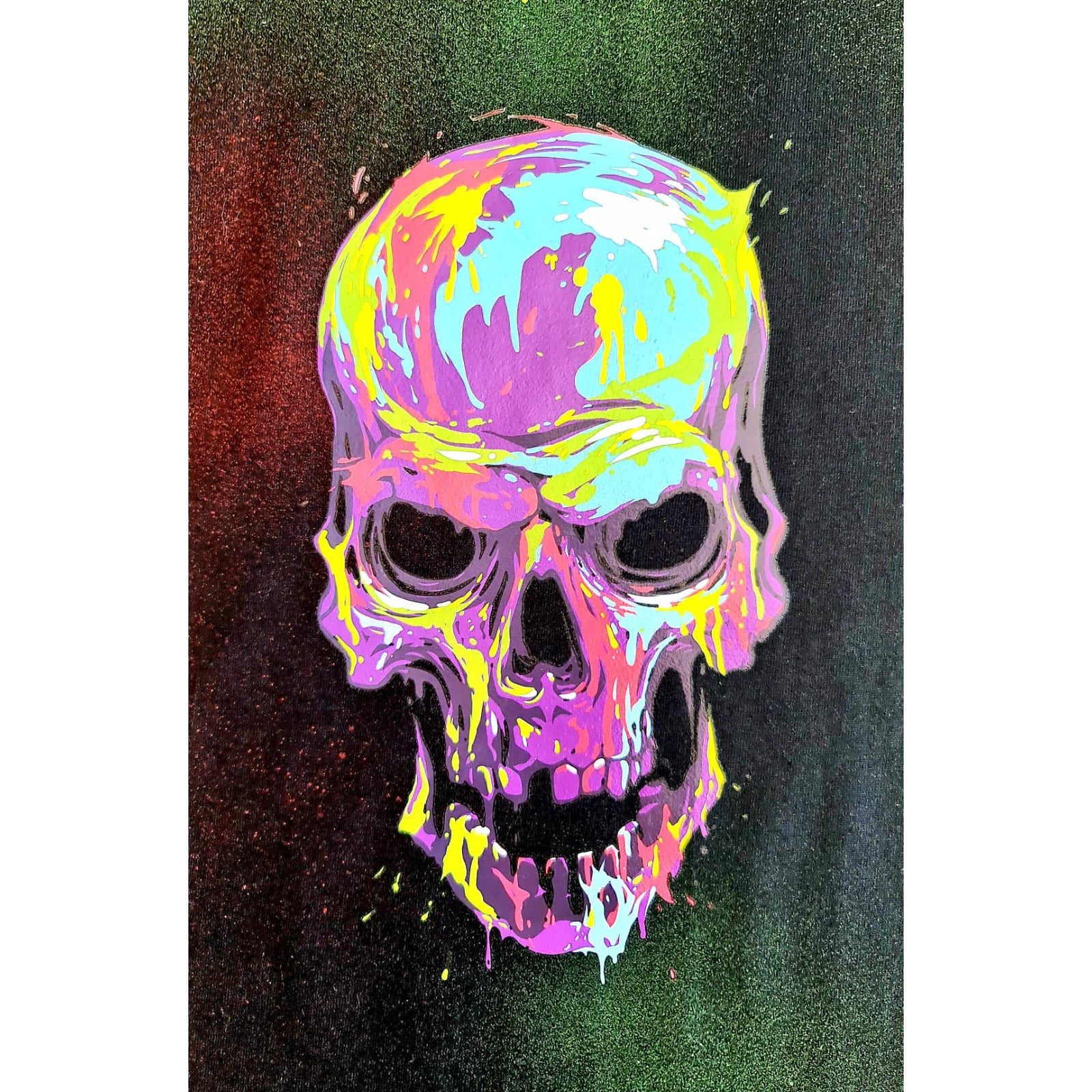 Multicolored psychedelic t-shirt featuring a neon skull graphic on a black background with green, red, and orange hues