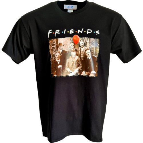 Black t-shirt featuring a horror-themed mashup of the "Friends" TV show with a group photo and a red balloon