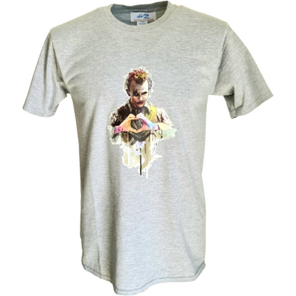 Gray t-shirt featuring a colorful, watercolor-style illustration of the Joker character forming a heart shape with his hands