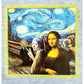 Gray t-shirt featuring a playful design of famous art figures like Mona Lisa, Girl with a Pearl Earring, and The Scream taking a selfie against the backdrop of The Starry Night