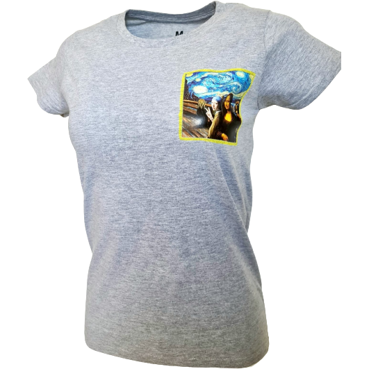 Gray t-shirt featuring a playful design of famous art figures like Mona Lisa, Girl with a Pearl Earring, and The Scream taking a selfie against the backdrop of The Starry Night