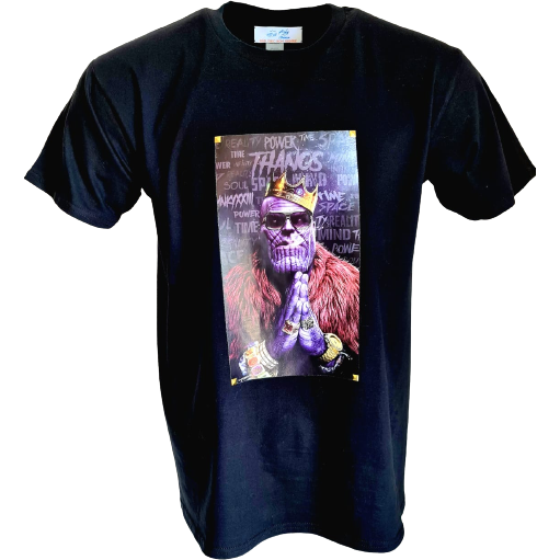 Black t-shirt featuring a graphic of Thanos wearing a crown and fur coat in a gangster style