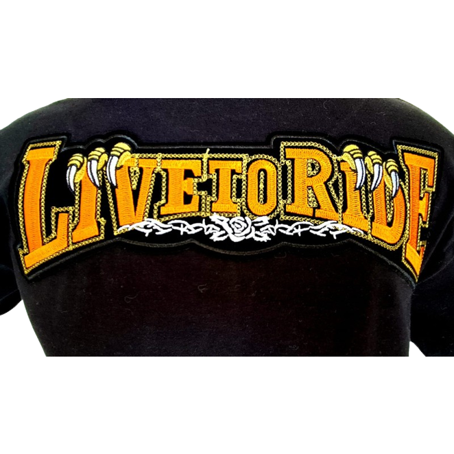 Black t-shirt with "LIVE TO RIDE" graphic in orange and yellow on the back