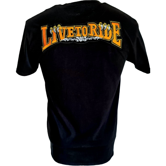 Black t-shirt with "LIVE TO RIDE" graphic in orange and yellow on the back