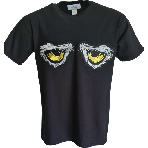 Black t-shirt featuring a design of yellow eyes with white detailing, creating a mysterious and captivating look