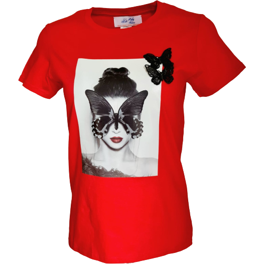 Red t-shirt featuring a black and white graphic of a woman with butterfly motifs and a 3D butterfly embellishment