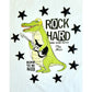 White t-shirt featuring a cartoon crocodile playing a guitar, surrounded by stars and the text "ROCK HARD," "MAKE SOME NOISE," "Play Music," and "BORN TO BE FREE"