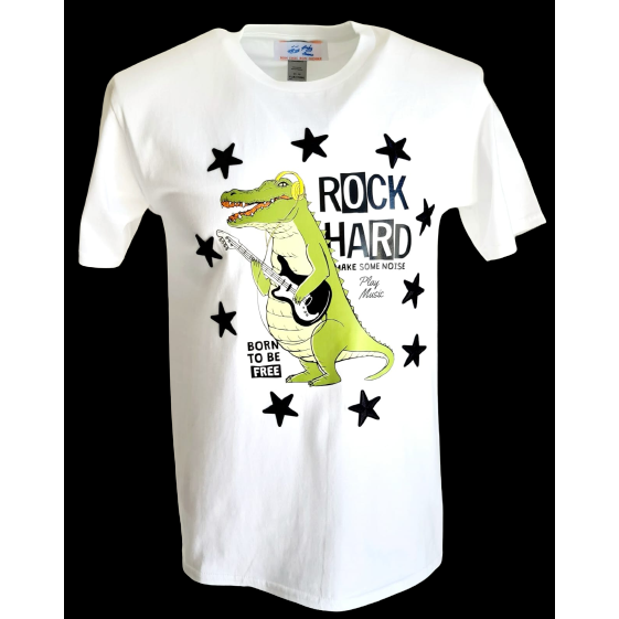 White t-shirt featuring a cartoon crocodile playing a guitar, surrounded by stars and the text "ROCK HARD," "MAKE SOME NOISE," "Play Music," and "BORN TO BE FREE"