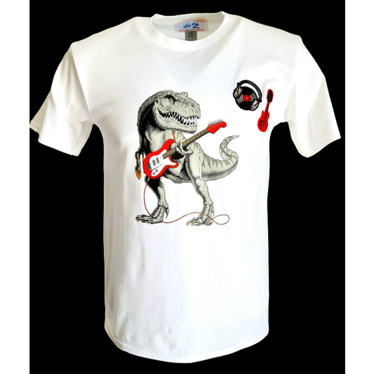 White t-shirt featuring a T-Rex playing a red electric guitar with additional graphics of a vinyl record and a small red guitar