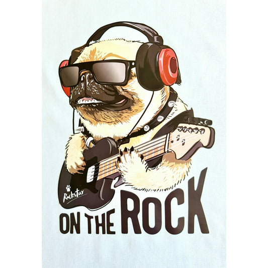 White t-shirt featuring a pug wearing sunglasses and headphones, playing a guitar with the text "On The Rock"