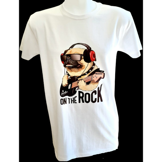 White t-shirt featuring a pug wearing sunglasses and headphones, playing a guitar with the text "On The Rock"