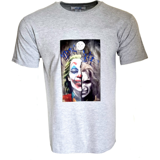 Heather grey t-shirt featuring a graphic design of two iconic interpretations of the Joker blended into one image