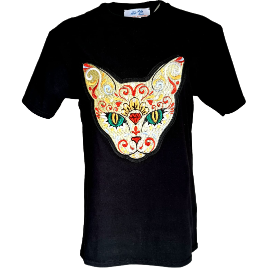 Black t-shirt with a vibrant, intricately embroidered cat face featuring colorful patterns and green eyes