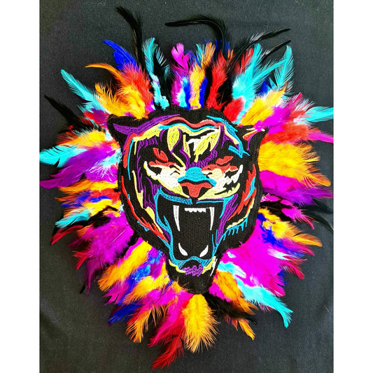 Black t-shirt featuring a colorful roaring tiger graphic surrounded by vibrant feathers