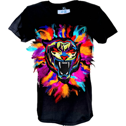 Black t-shirt featuring a colorful roaring tiger graphic surrounded by vibrant feathers