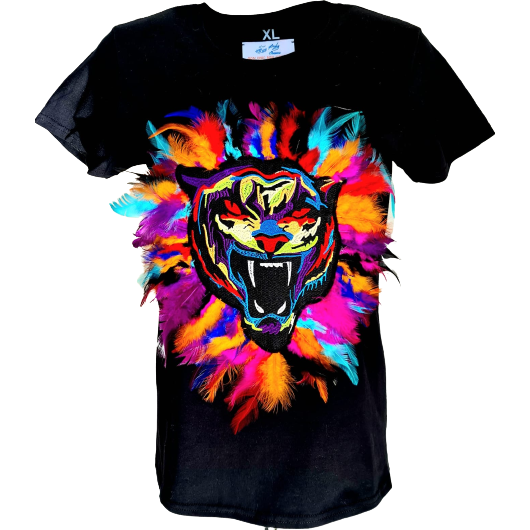 Black t-shirt featuring a colorful roaring tiger graphic surrounded by vibrant feathers